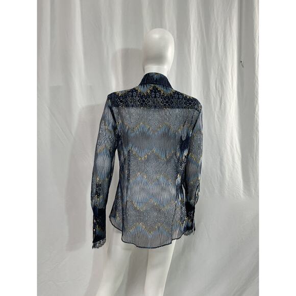 Ramy Brook 'Nora' Navy Lurex Mesh Long Sleeve Blouse Size L - Picture 3 of 5